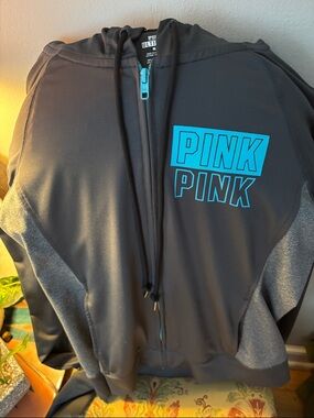 PINK Victoria's Secret Gray and Teal Logo Zip Hoodie